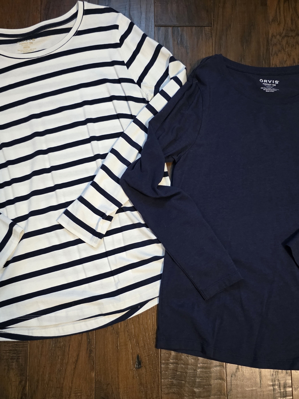 Orvis Navy Solid and Navy/White Striped Long Sleeve Tops Size MED.